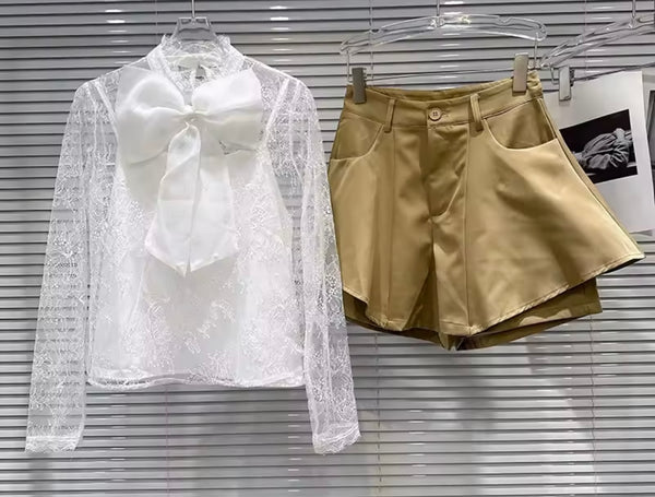 Women Tie Up Lace Full Sleeve Two Piece Khaki Wrap Short Set