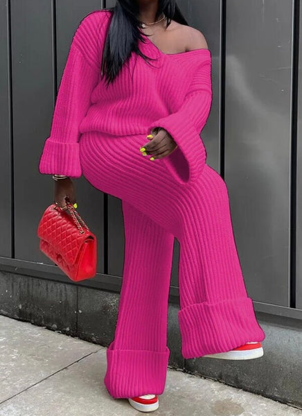 Women Solid Color Ribbed Full Sleeve Two Piece Pant Set