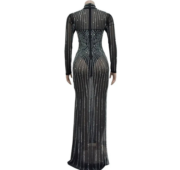 Women Sexy Black Bling Full Sleeve Mesh Maxi Dress