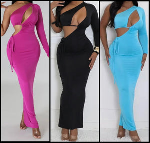 Women Sexy Solid Color One Shoulder Full Sleeve Maxi Dress
