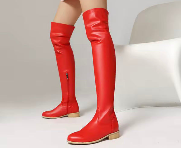 Women Color Over The Knee Flat Fashion Faux Leather Boots