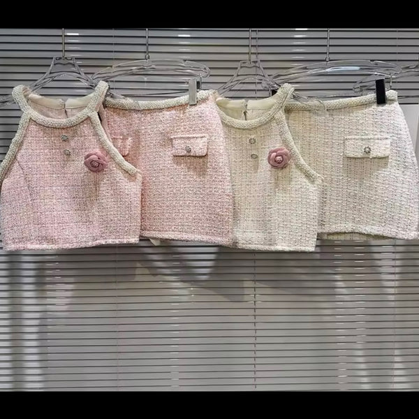 Women Bling Sleeveless Tweed Two Piece Sexy Skirt Set
