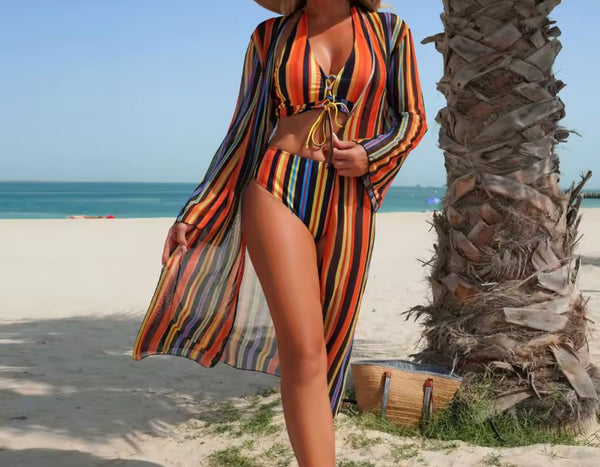 Women Sexy Multicolored Striped Bikini Cover Up Set