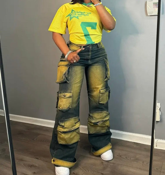 Women Fashion Yellow Paint Patchwork Cargo Denim Pants