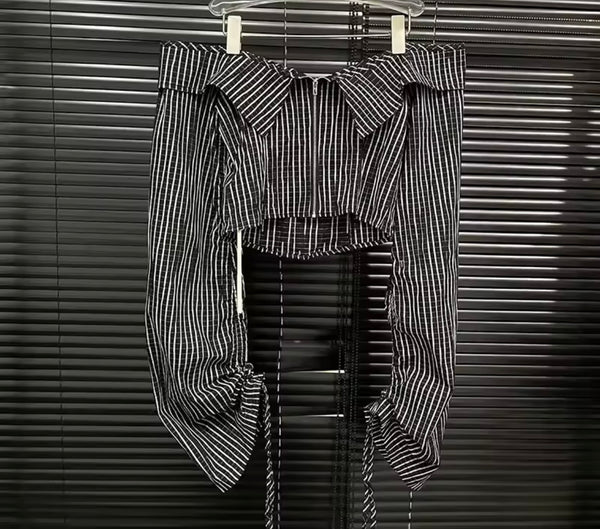 Women Fashion Off The Shoulder Full Sleeve Striped Two Piece Skirt Set