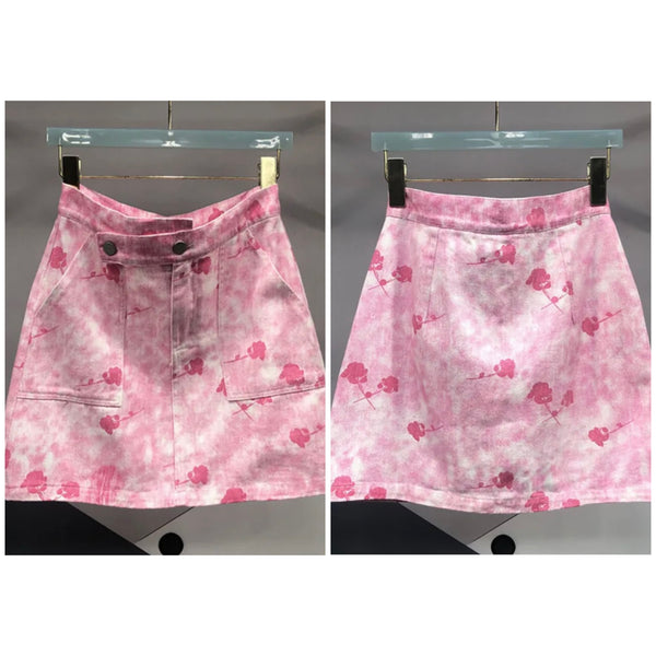 Women Sexy Fashion Pink Printed Denim Skirt