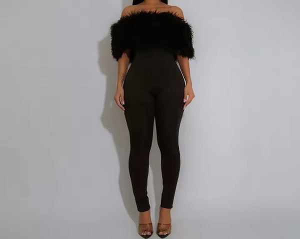 Women Black Feather Off The Shoulder Fashion Jumpsuit