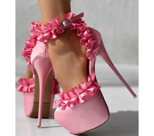 Women Fashion Ruffled Platform Ankle Strap High Heels