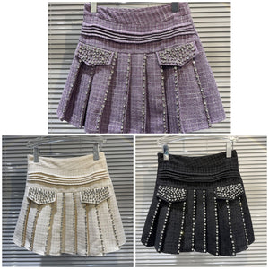 Women Fashion Rhinestone Tweed Pleated Skirt
