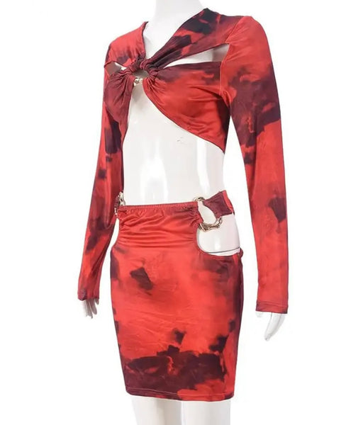 Women Sexy Red Printed Cut Out Full Sleeve Crop Two Piece Skirt Set