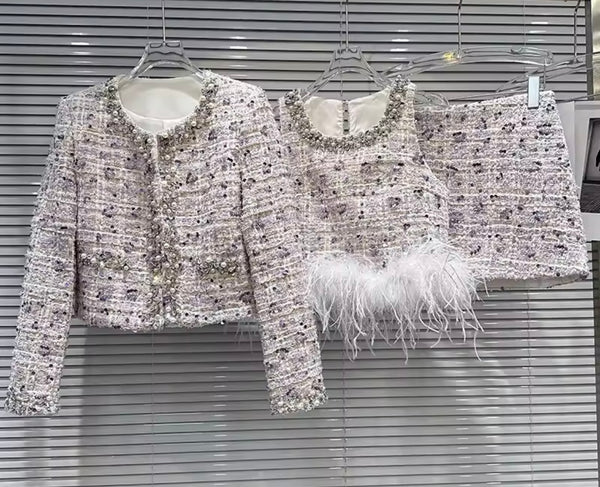 Women Beaded Rhinestone Fur Blazer Three Piece Skirt Set