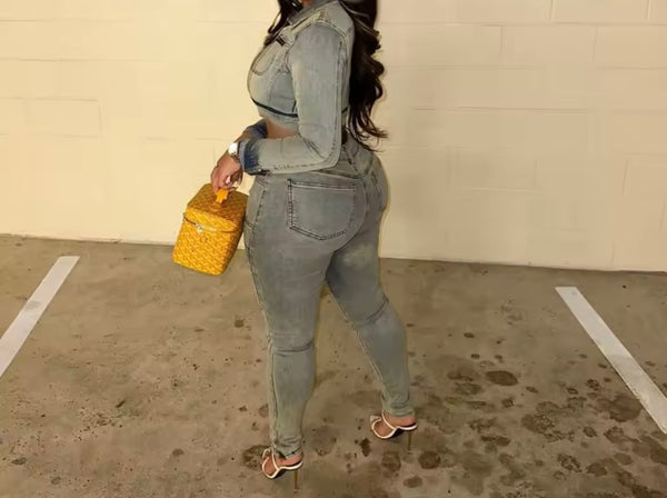 Women Blue Denim Fashion Crop Jacket Two Piece Pant Set