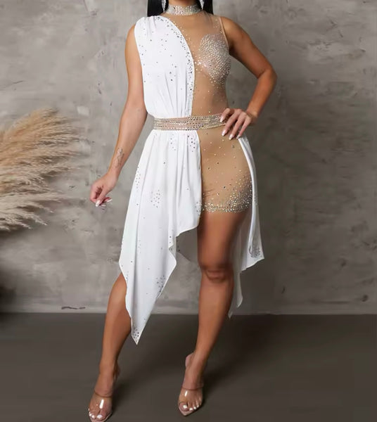 Women Sexy Sleeveless Bling Mesh Patchwork Asymmetrical Romper