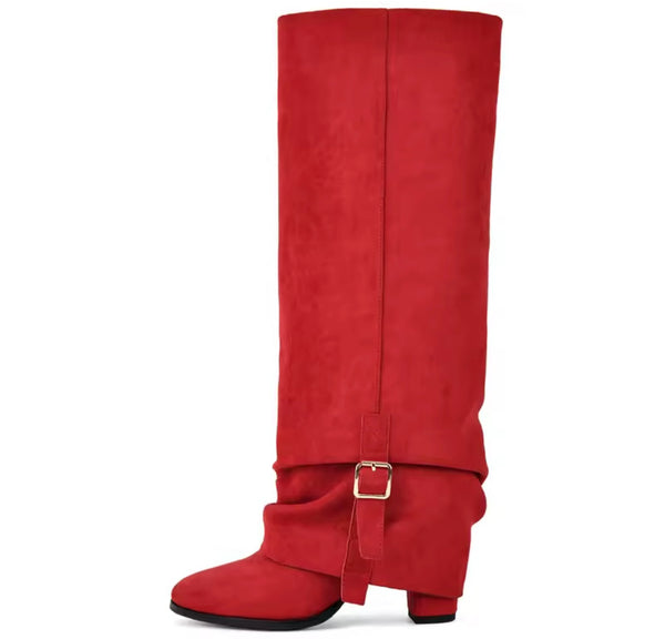 Women Fashion Red Suede Ruched Buckle Knee High Boots