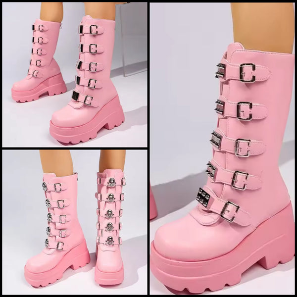 Women Fashion Pink Rivet Buckle Platform Mid Length Boots