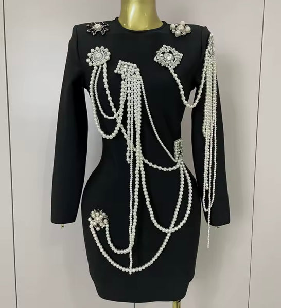 Women Black Sexy Beaded Pearl Full Sleeve Dress