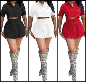 Women Button Up Short Sleeve Fashion Two Piece Skirt Set