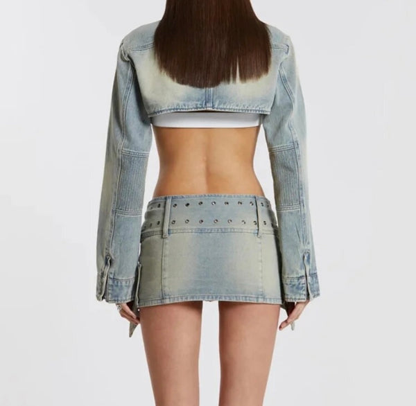 Women Fashion Criss Cross Buckled Full Sleeve Crop Two Piece Denim Skirt Set