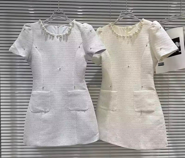 Women Pearl Rhinestone Short Sleeve Tweed Dress