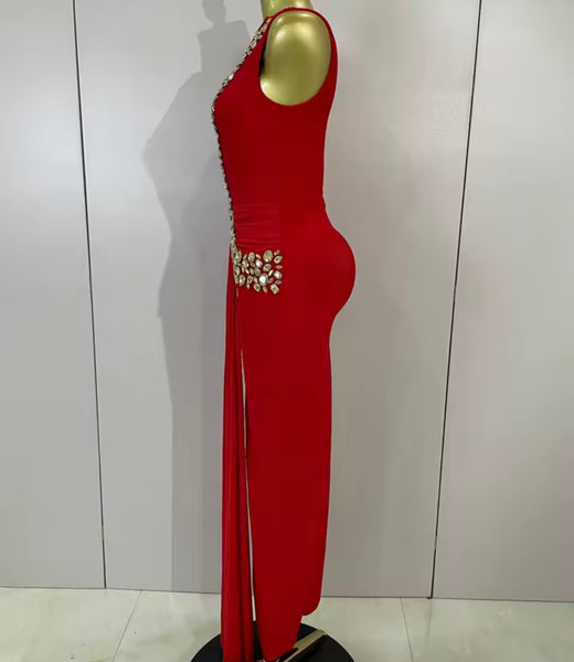 Women Elegant Rhinestone One Shoulder Sleeveless Maxi Dress