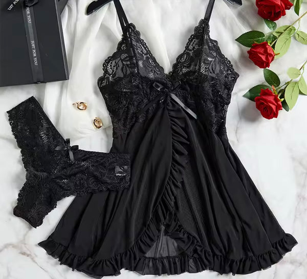 Women Sexy Sleeveless Ruffled Lace Mesh Nightgown Lingerie Set
