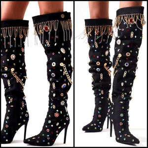 Women Black Color Crystal Tassel Fashion Knee High Boots