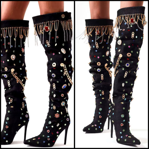 Women Black Color Crystal Tassel Fashion Knee High Boots