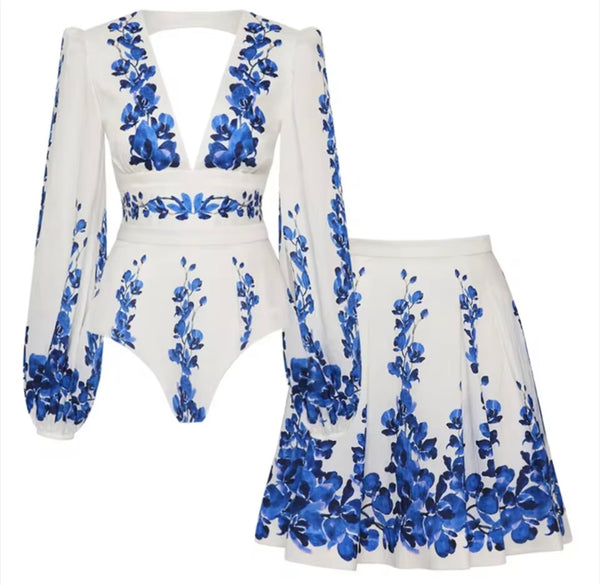 Women White Blue Floral Bikini/Swimsuit Cover Up Set