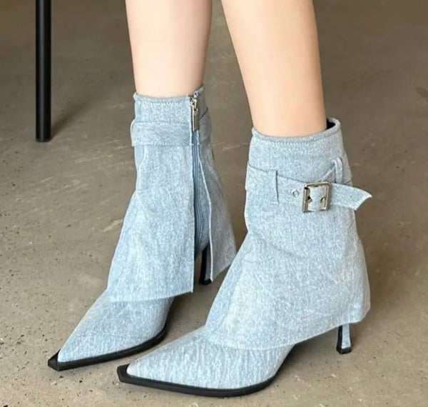 Women Pointed Toe Buckled Fashion High Heel Ankle Boots