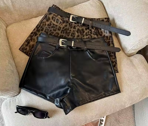 Women Fashion Animal Print PU Shorts