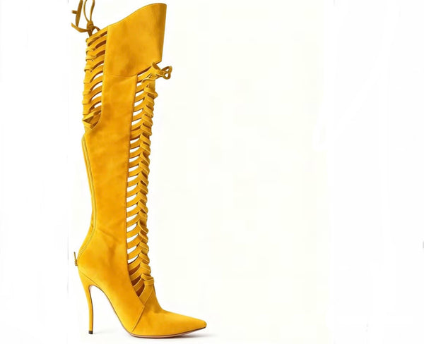 Women Color Fashion Pointed Toe Tie Up Suede Knee High Boots