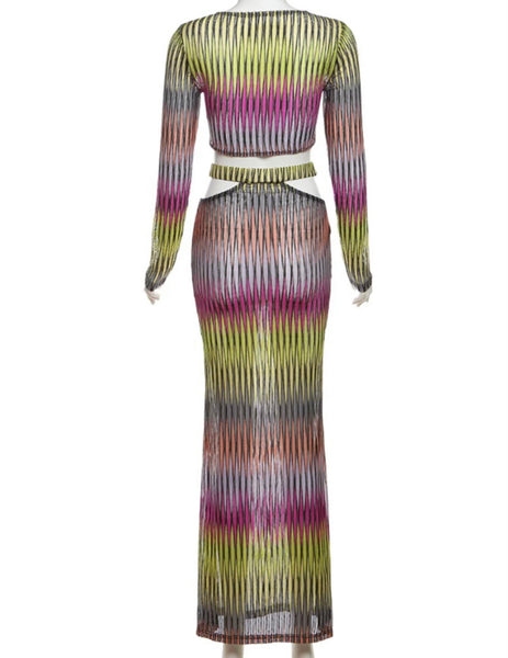 Women Sexy Full Sleeve Multicolored Two Piece Maxi Skirt Set