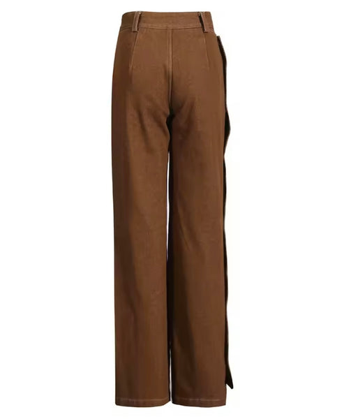 Women Brown Fashion Denim Jacket Button Two Piece Pant Set