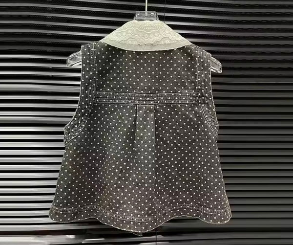 Women Lace Polka Dot Button Up Vest Denim Two Piece Pant Set