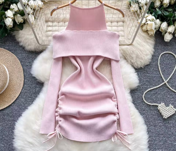 Women Bling Ribbed Full Sleeve Sexy Drawstring Dress