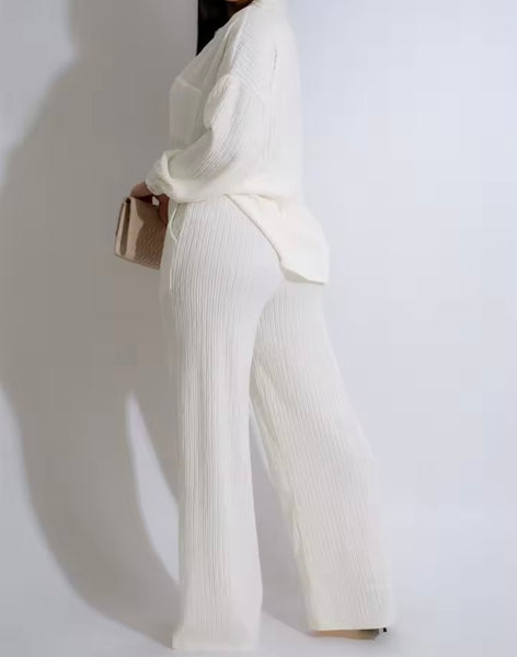 Women Button Up Ribbed Full Sleeve Two Piece Pant Set