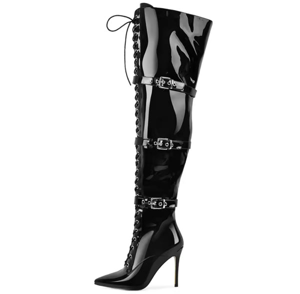 Women Fashion Black Patent Leather Buckled Over The Knee Boots