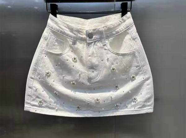 Women Fashion Rhinestone Pearl Floral Denim Skirt