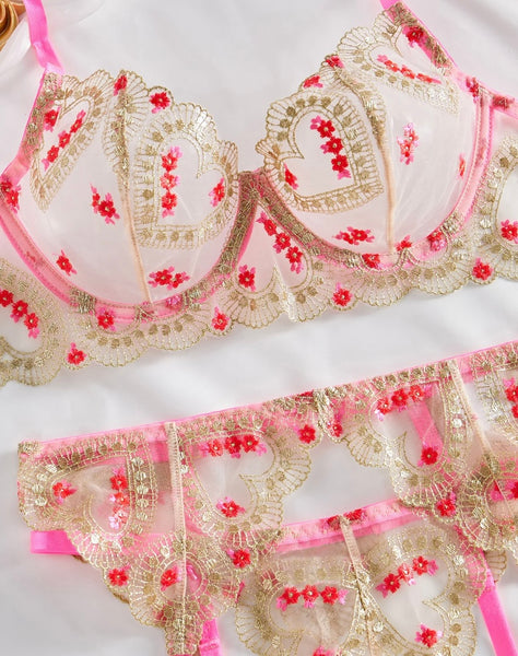Women Sexy Pink Heart Print Lingerie Set