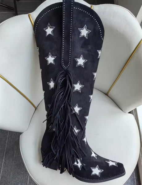 Women Fashion Star Fringe Tassel Knee High Western Boots