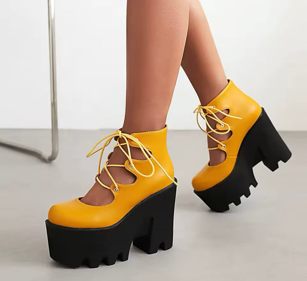 Women Fashion Color Lace Up Platform Shoes