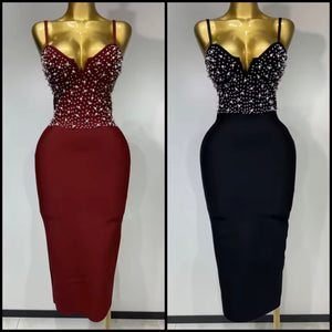 Women Sexy Sleeveless Beaded Pearl Bandage Dress