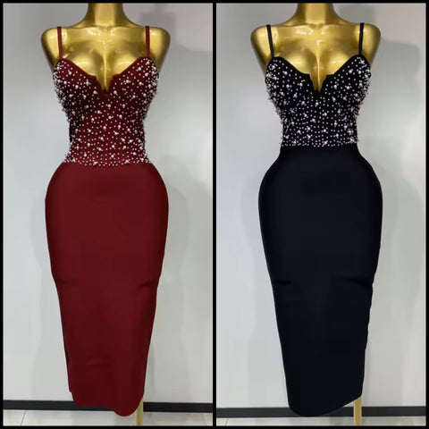 Women Sexy Sleeveless Beaded Pearl Bandage Dress