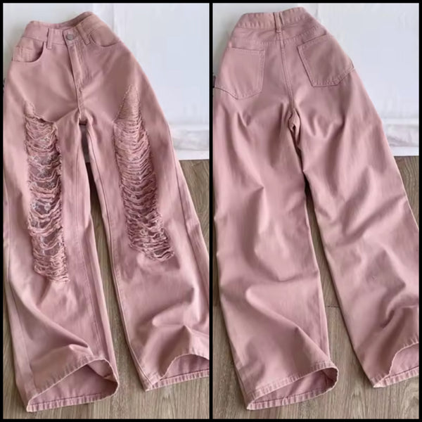 Women Fashion Pink Ripped Denim Pants