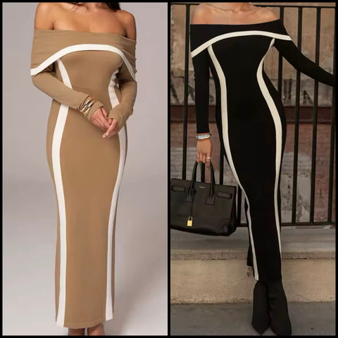 Women Sexy Off The Shoulder Full Sleeve Striped Maxi Dress