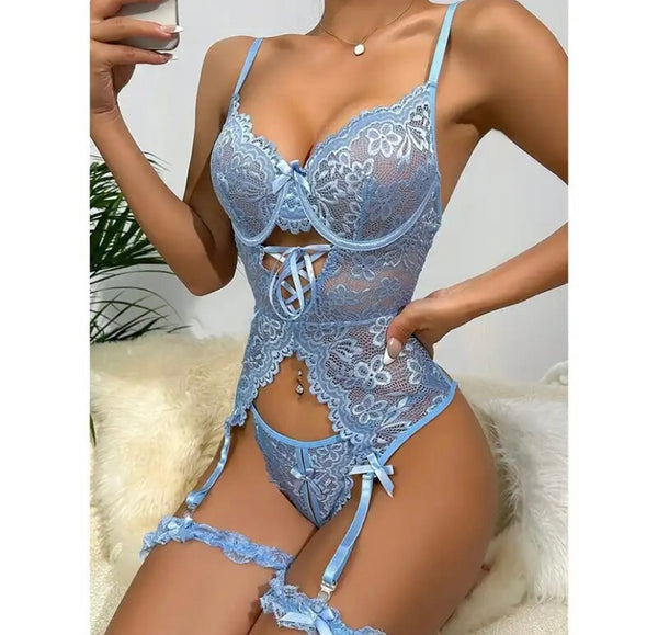 Women Sexy Solid Color Choker Lace Lingerie Set