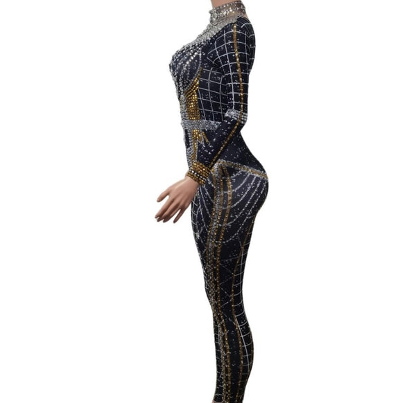 Women Fashion Bling Rhinestone Patchwork Full Sleeve Jumpsuit