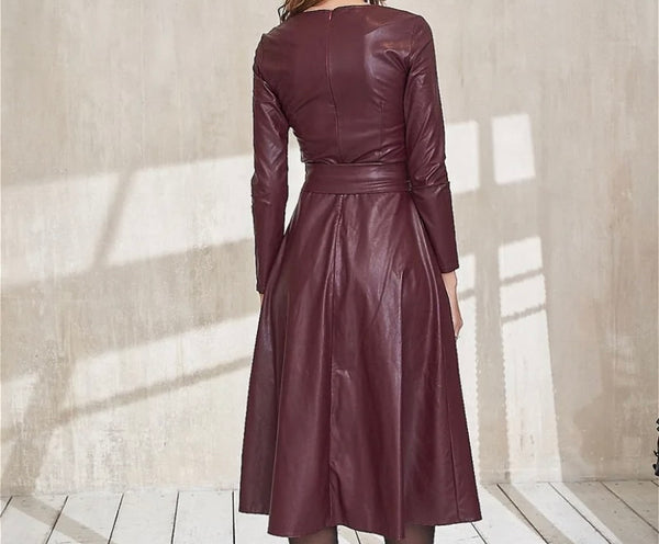 Women Fashion Faux Leather Belted Maxi Dress