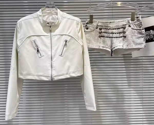 Women Fashion Faux Leather Jacket Two Piece Denim Short Set