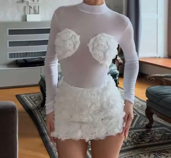 Women White Sexy 3D Floral Mesh Bodysuit Two Piece Skirt Set